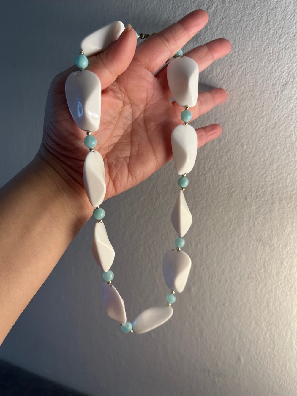 White and Aqua Beaded Statement Necklace - Brand Unknown